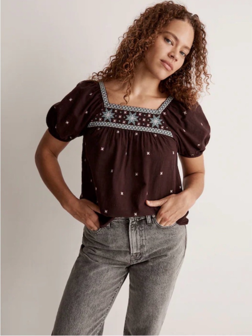 Madewell Dark Brown Embroidered Square-Neck Puff Sleeve Blouse